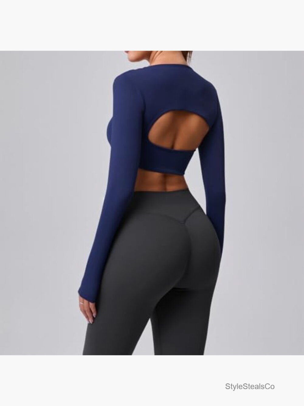 Square Neck Long Sleeve Crop Top with Built in Bra Cutout Back - Picture 5 of 7